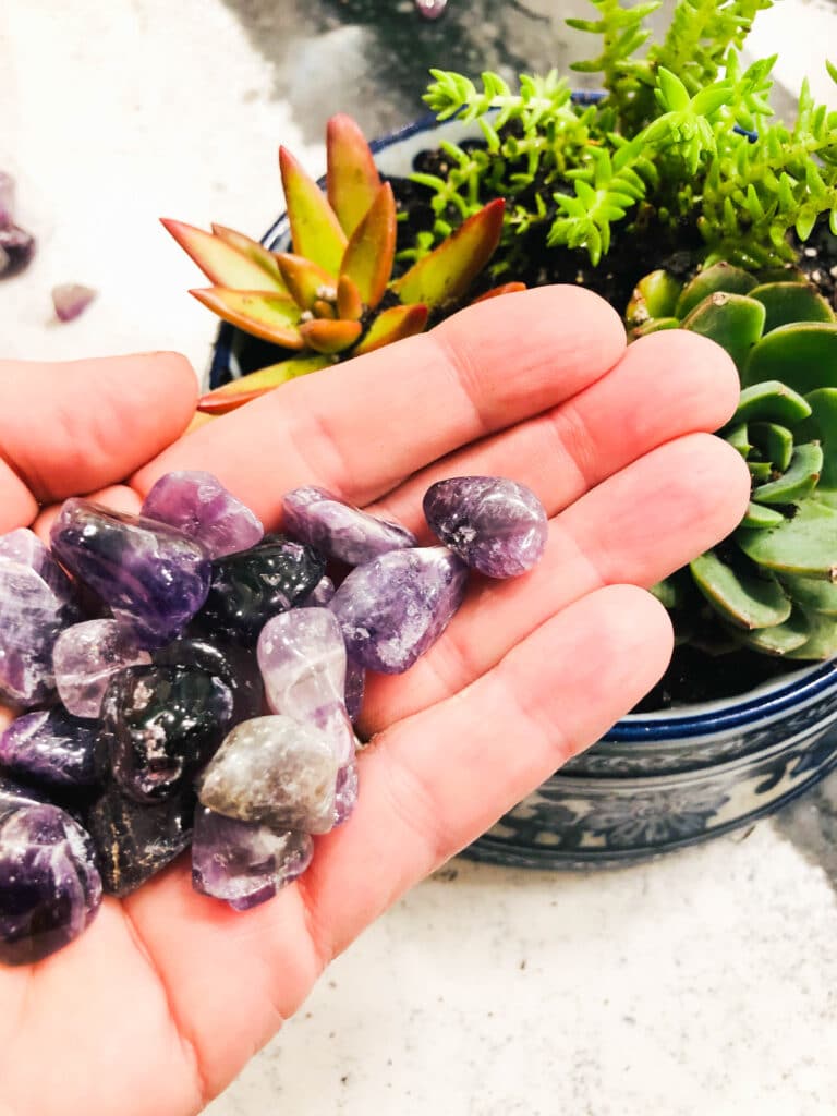 A handful of purple rocks to go into the dog bowl planter.