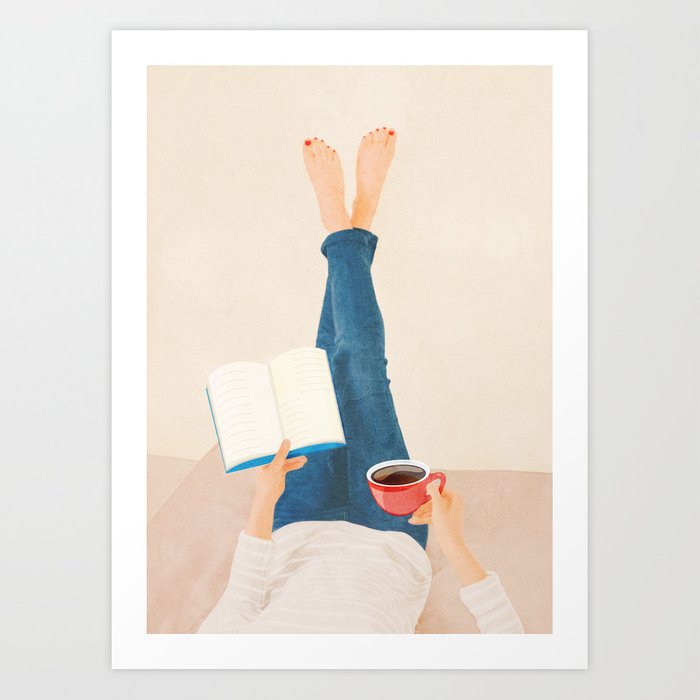 An art print of a woman reading a book with a cup of coffee.