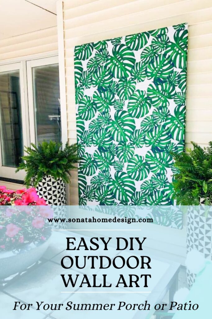 Easy diy outdoor wall art created from an old canvas frame and a tablecloth.