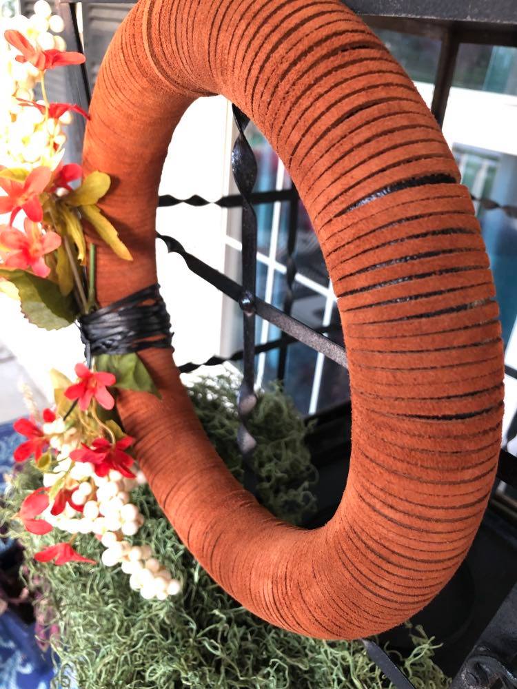 Fall Wreath displayed on lantern door.