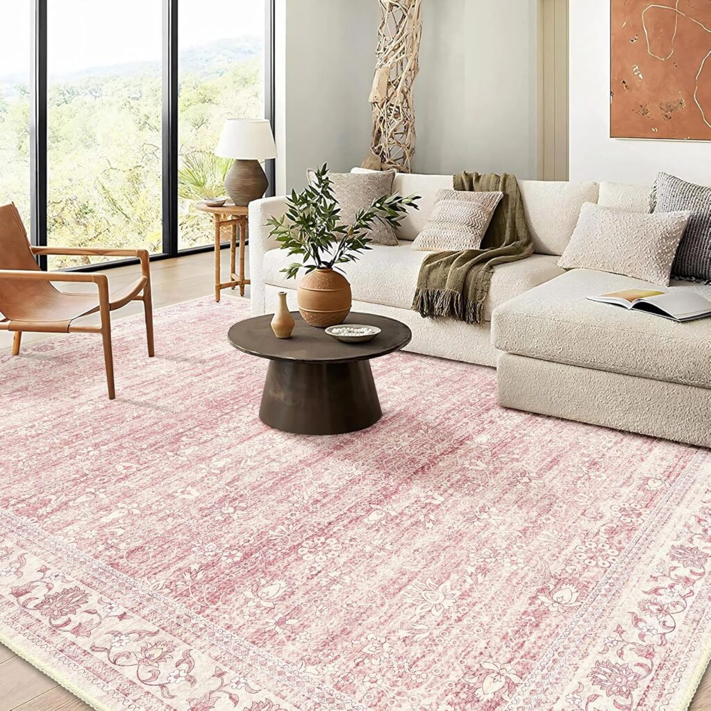 Machine Washable Rugs include this traditional style pink rug available on Amazon.
