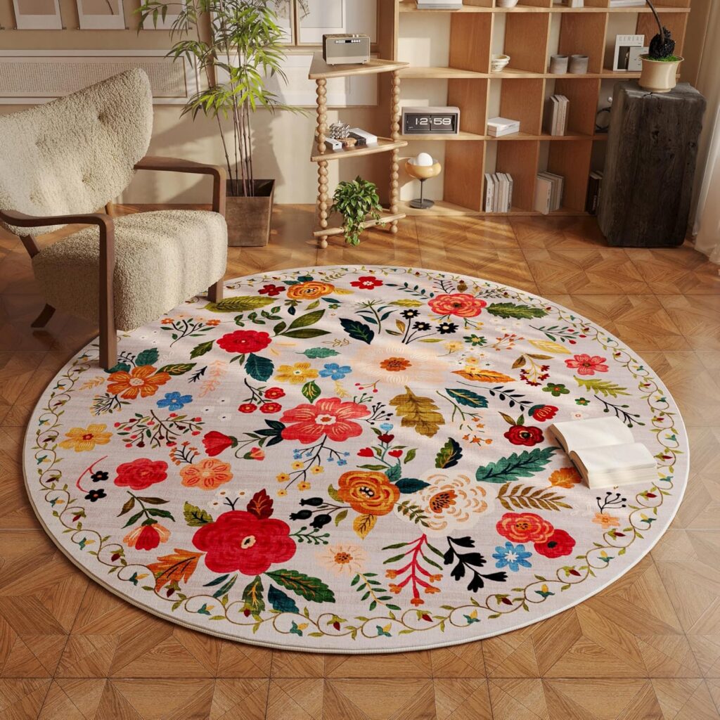 Machine washable rugs include this round floral rug from Amazon.