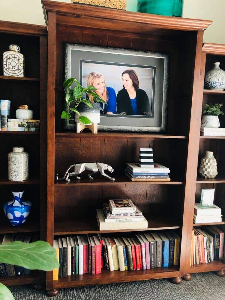 The old bookcase filled with family treasures.