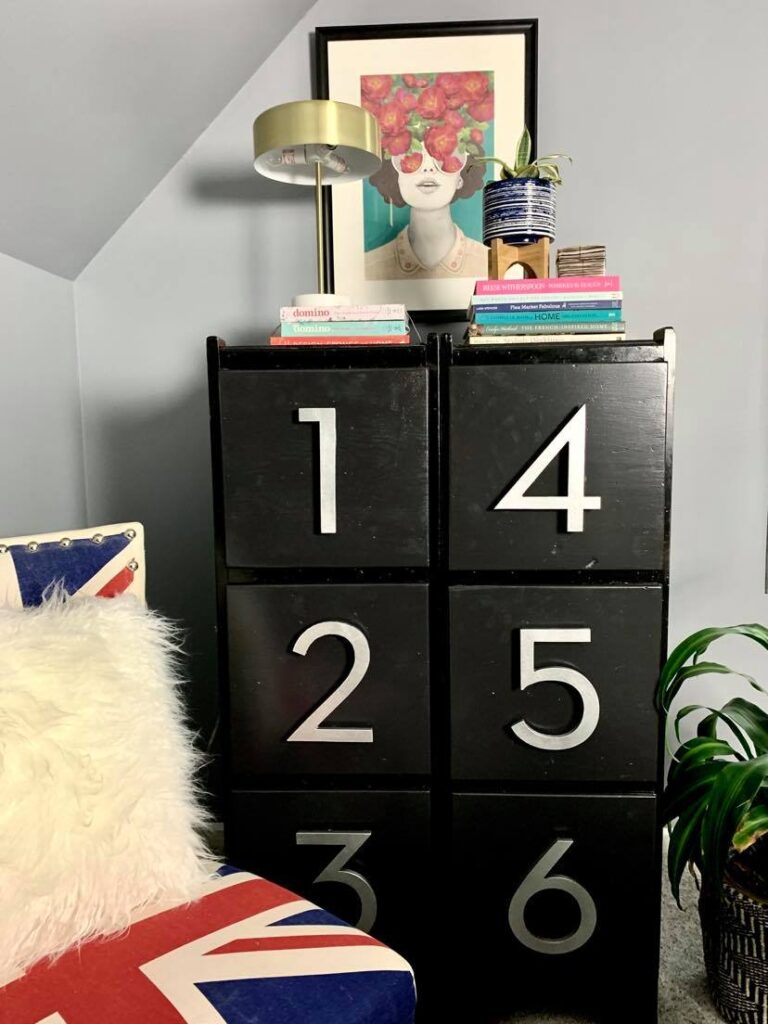Top Ten DIY Projects - black file cabinets with silver number drawer pulls.