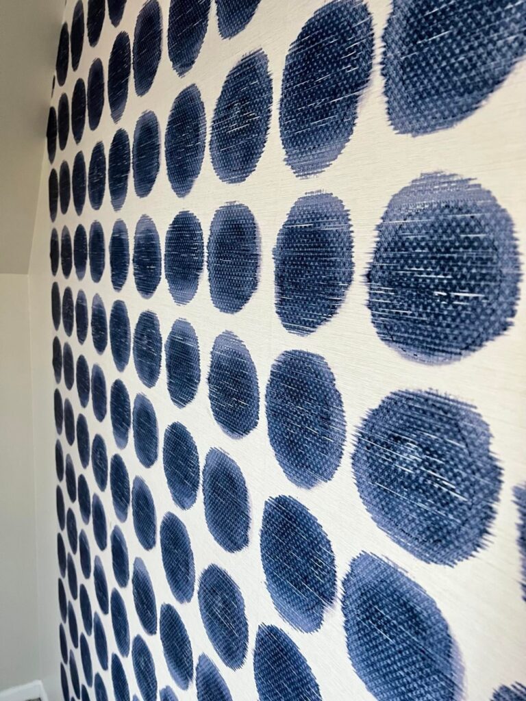 Wallpaper with navy blue polka dots.