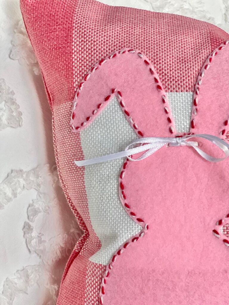 A completed stitched bunny for the DIY Easter pillow.