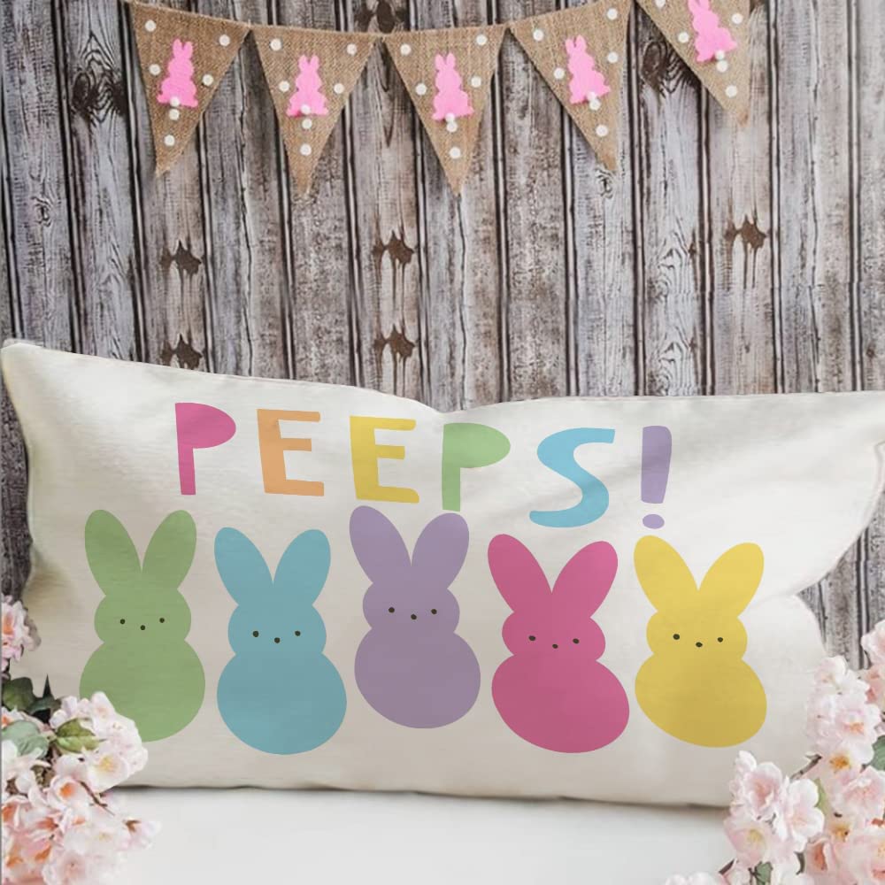 A bunny pillow for purchase with the word "PEEPS!" printed on the cover.