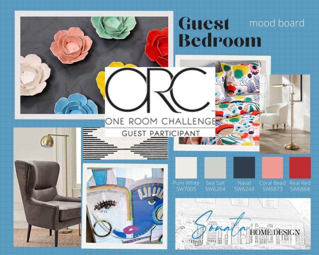 The One Room Challenge mood board with multi-colored bedding, eclectic artwork, and classic accessories.