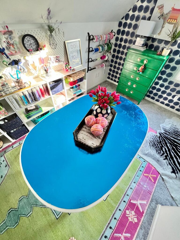 A aerial photo shot of the blue foil leaf table.