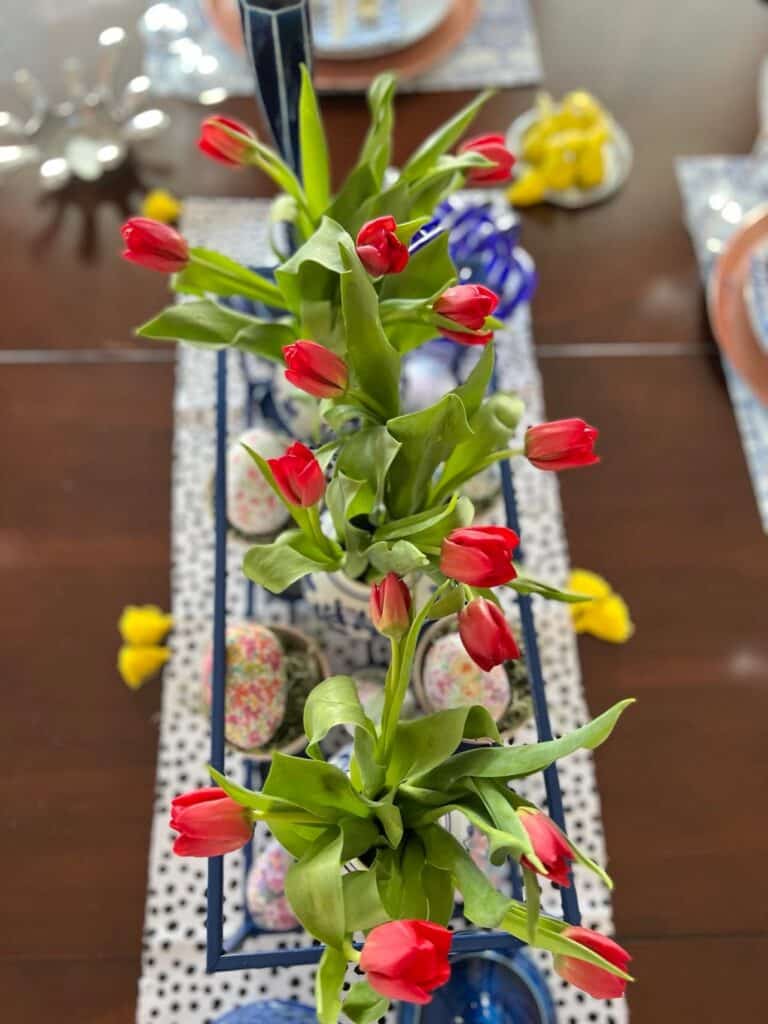 A aerial view of the pink tulips in the Easter tablescape.