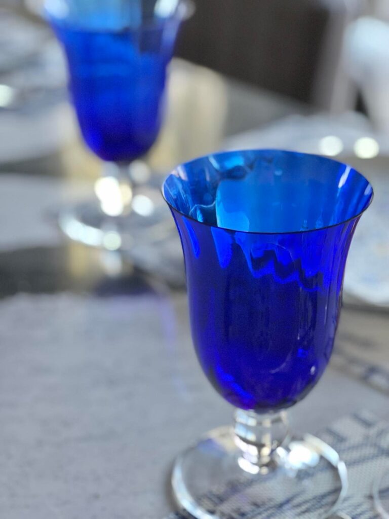 A cobalt blue water goblet.