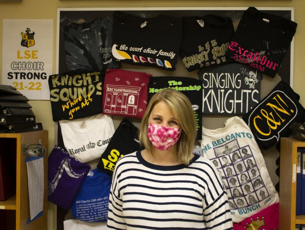 I hung years of choir t-shirts on a bulletin board at the beginning of the year when I knew I would. be retiring from teaching. Lots of multi colored t-shirts.