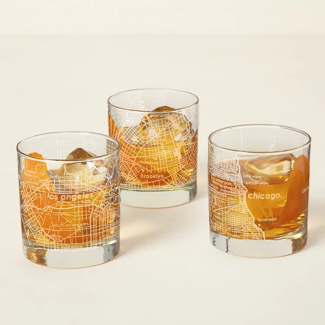 Highball glasses with city maps etched on the surface