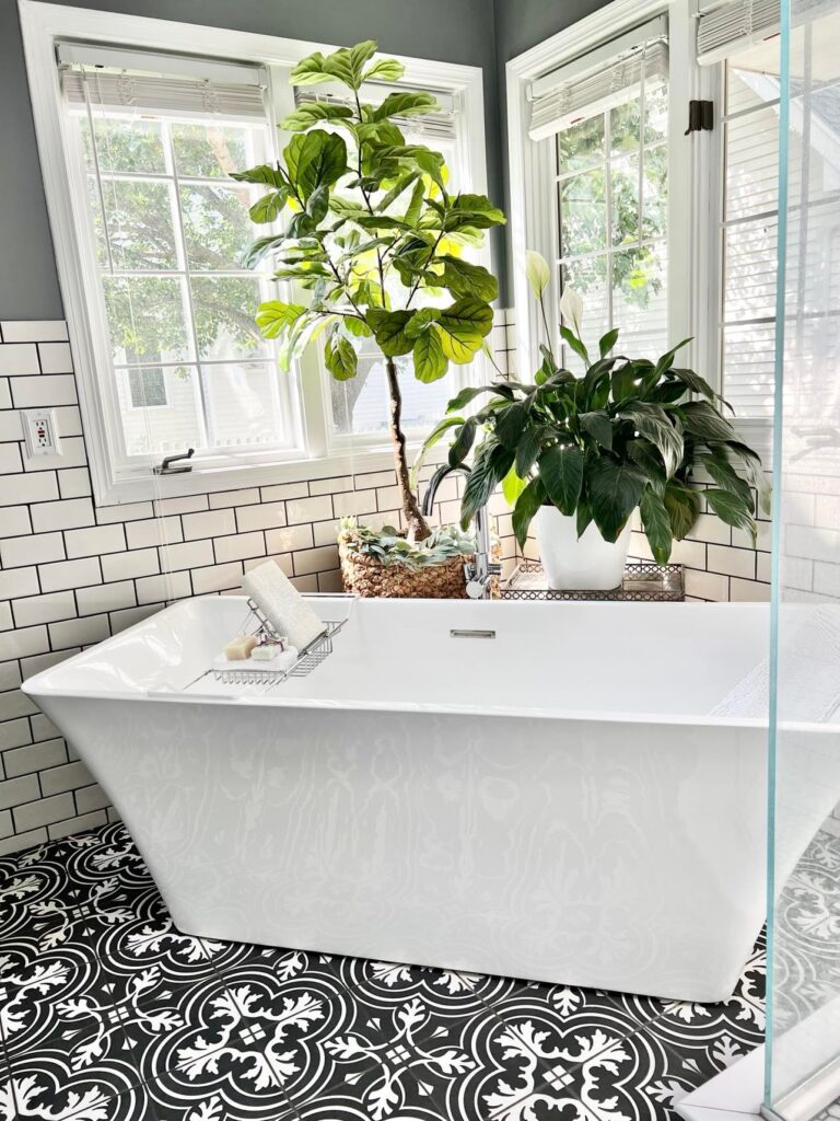 A wide shot of a bathtub. 
Budget friendly Bathroom spa experience.