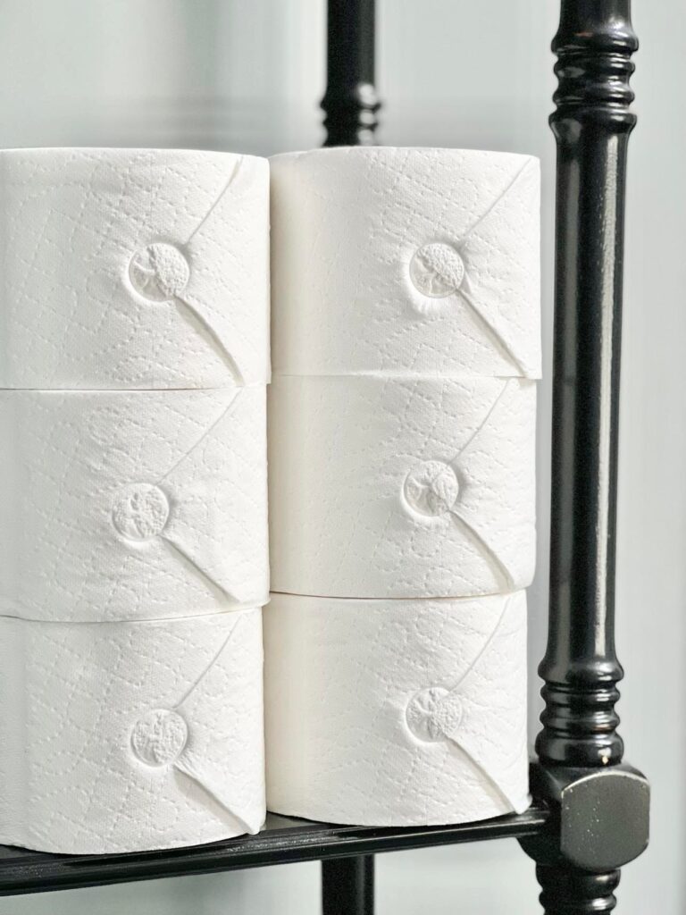 spa bath decorating ideas: Embossed toilet tissue stacked on a sf is a tiny detail that creates a budget-friendly bathroom spa experience.