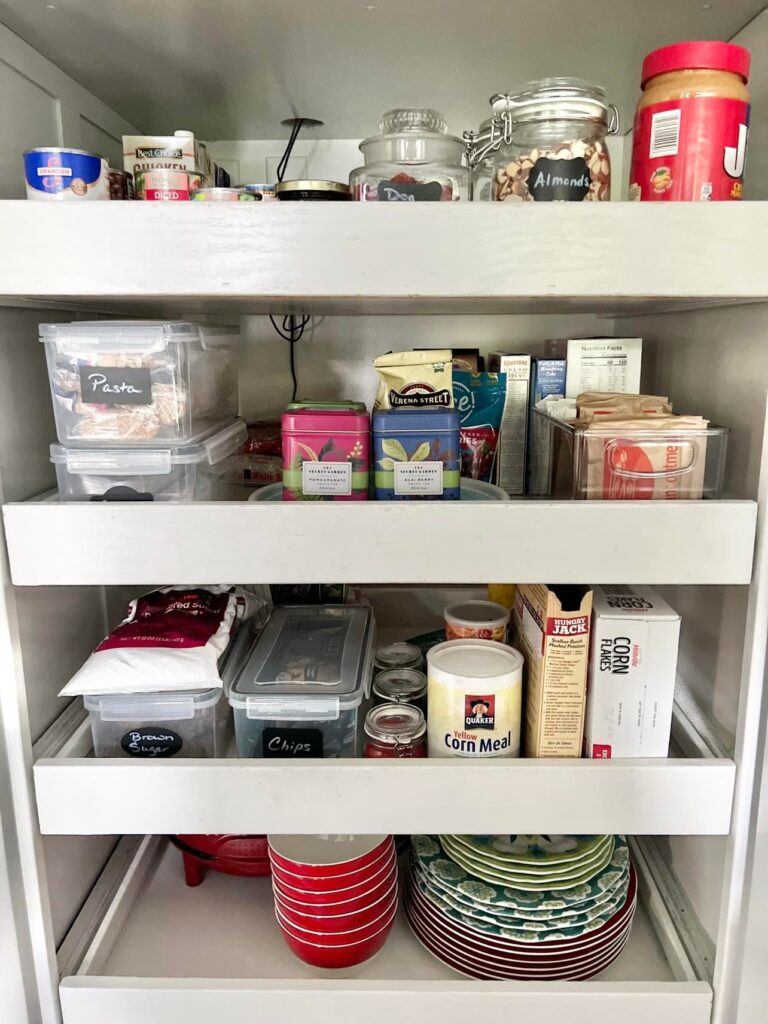 The pantry roll-out drawers neatly organized.