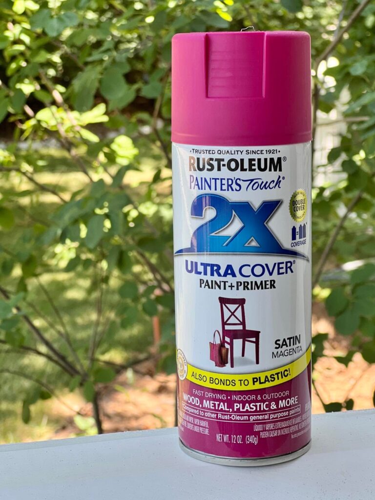 Can of Rust-Oleum spray paint in satin magenta.