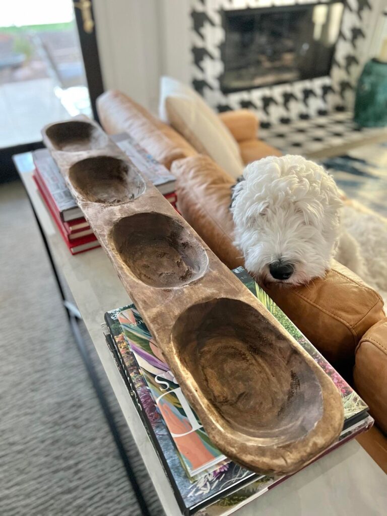 A dough bowl with four separate troughs. Our dog, Bentley is starting at it.