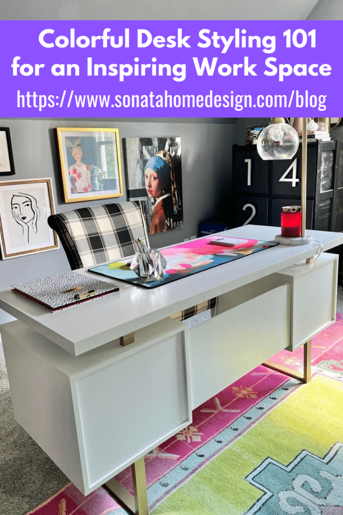A home office desk decorated with colorful desk accessories.