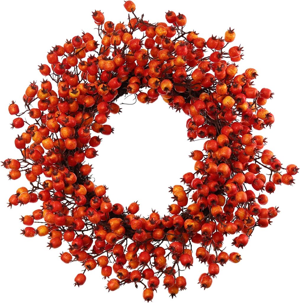 An orange and red mixed berry wreath from Amazon for Fall wreaths for the front door.