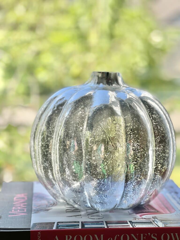 The glass pumpkin candle holder with the completed mercury silver finish.