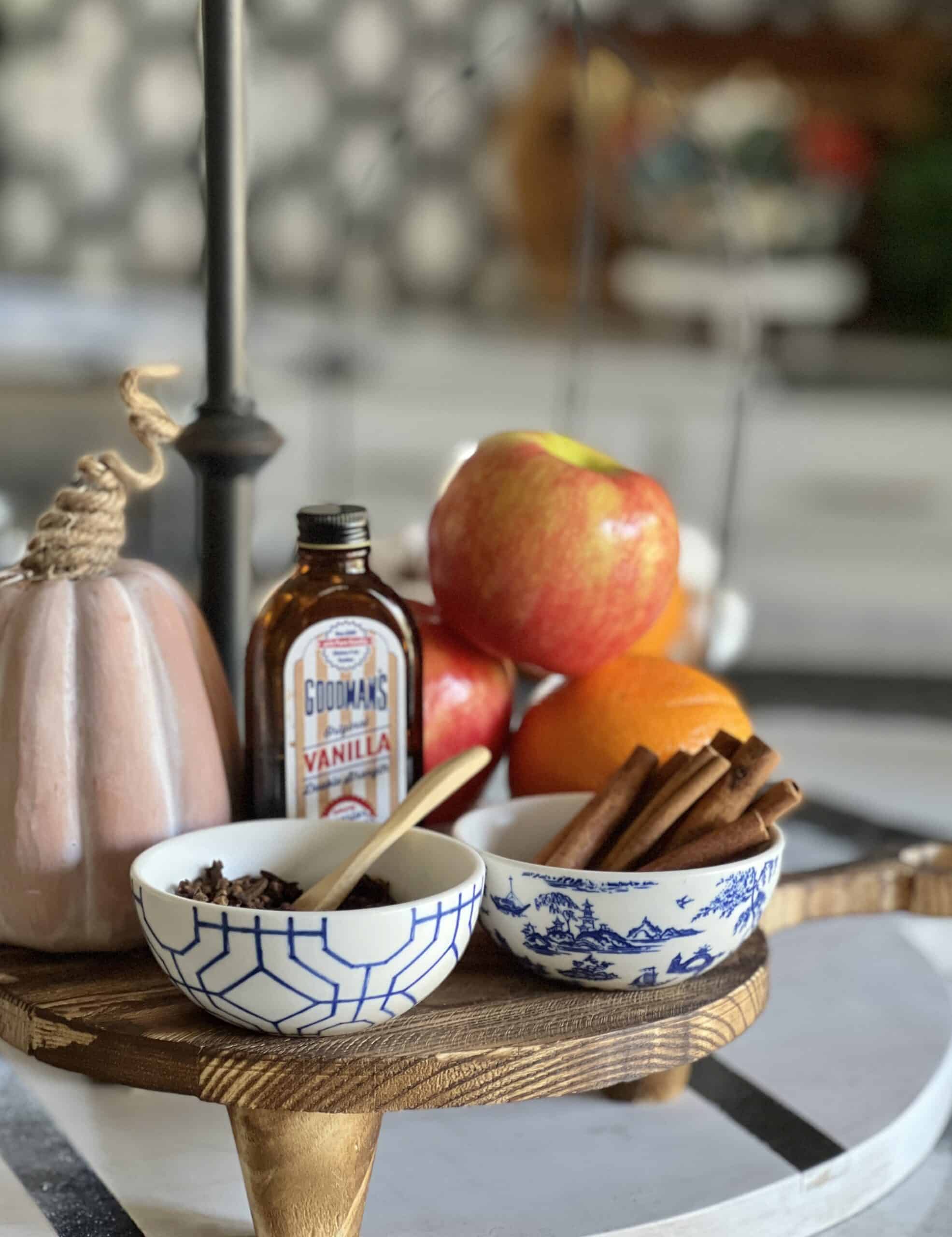 Small bowls of fall spices help to decorate a table in the kitchen.