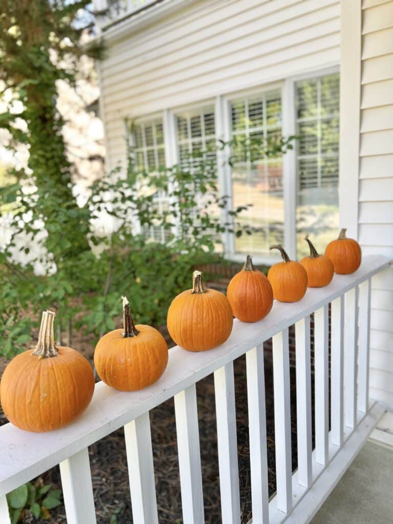 A row of orange pumpkins on a porch railing.