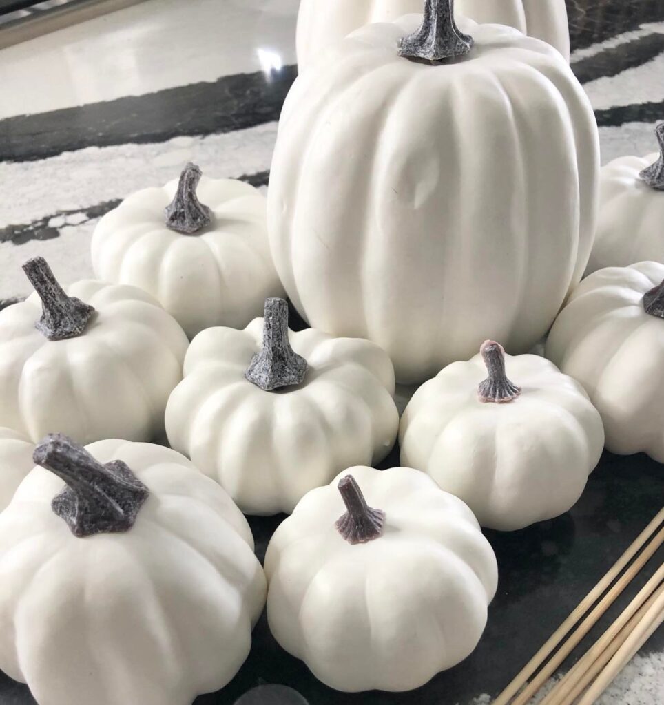 White dollar store pumpkins with plastic stems.