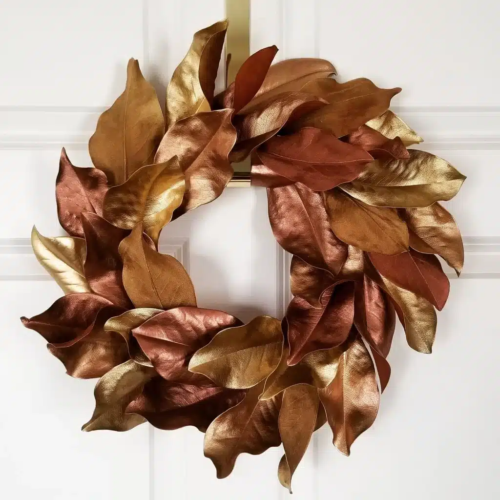 A metallic finish fall wreath listed on Etsy.