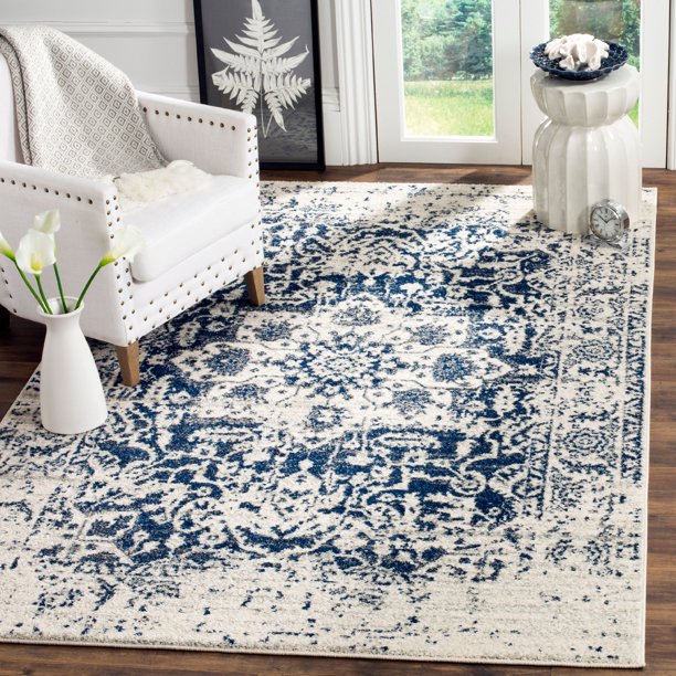 A blue and white area rug available from Walmart.