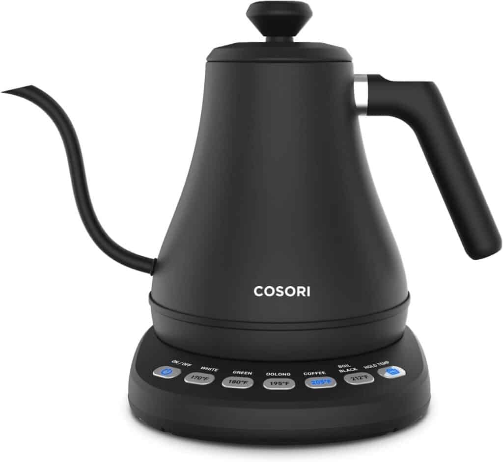 A black electric teakettle that can be purchased on Amazon during Prime Early Access sales.