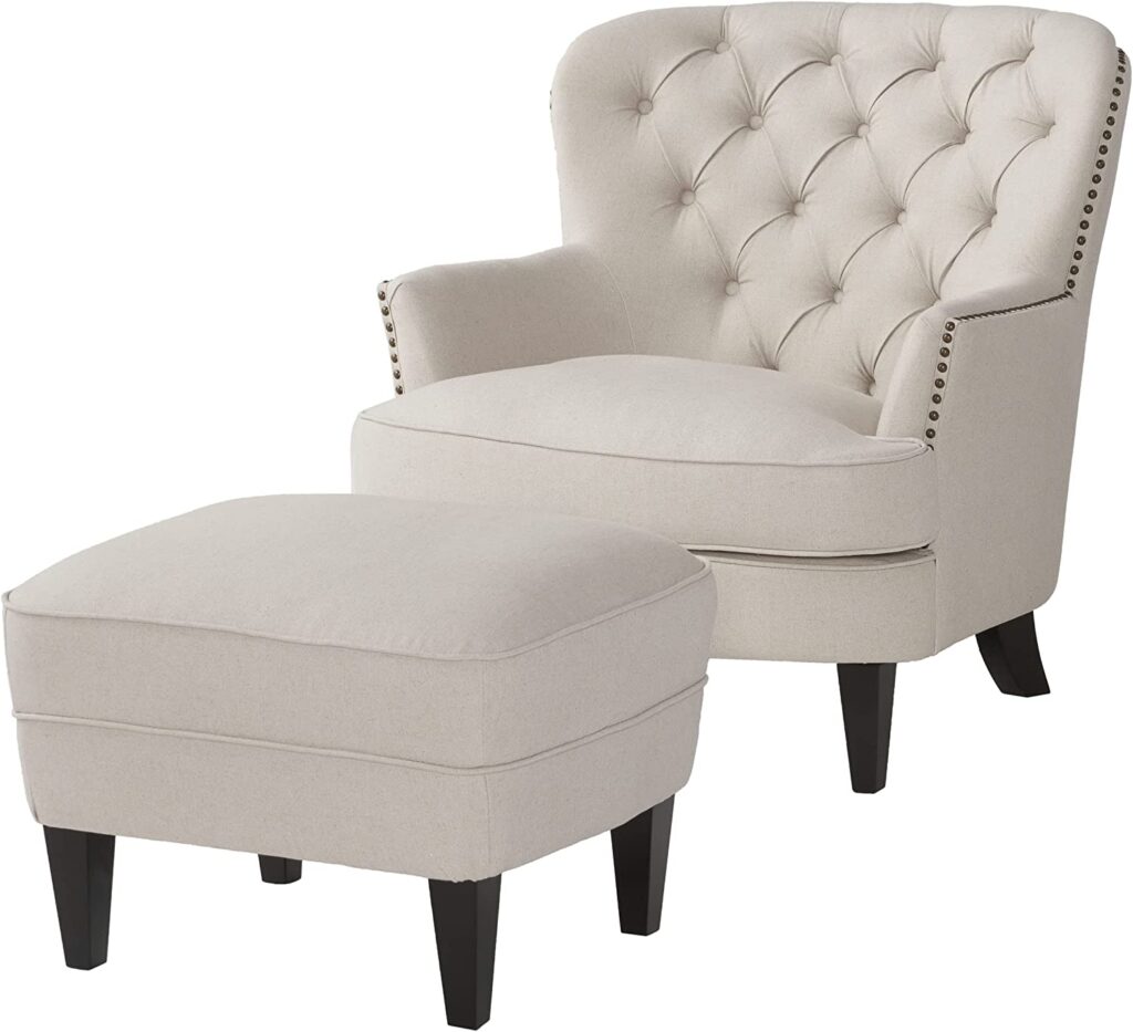 An ivory club chair and ottoman available on Amazon.