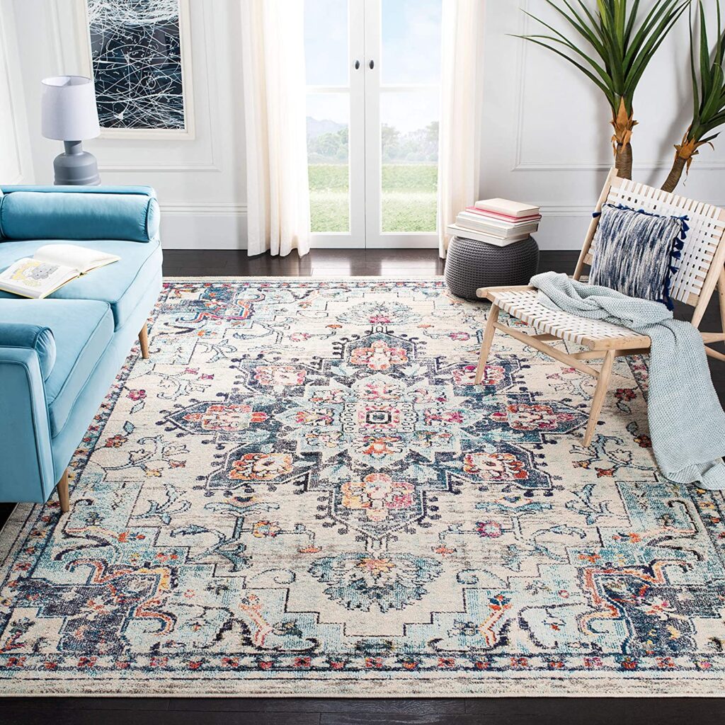 An area rug with a cream and blue pattern available from Amazon.