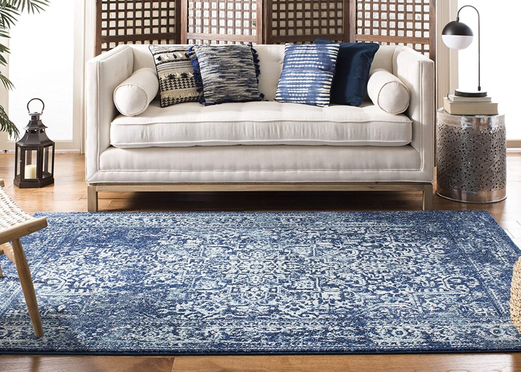 A navy and ivory distressed rug available from Amazon.