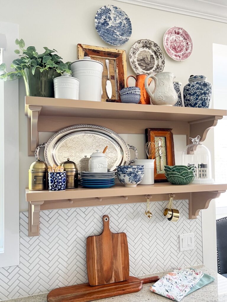 Open shelving in a kitchen.