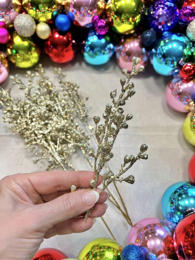 Christmas ornament wreath DIY: Metallic gold picks.