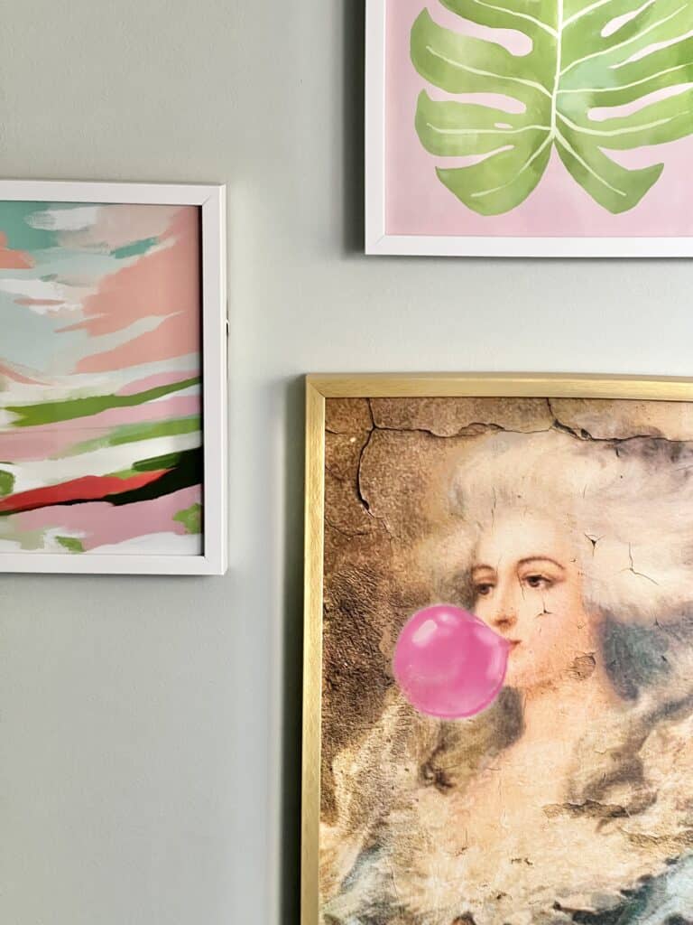 A gallery wall in a guest bedroom.