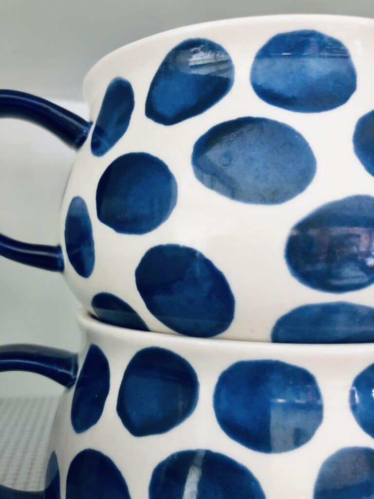 Blue and white polka dot soup bowls.