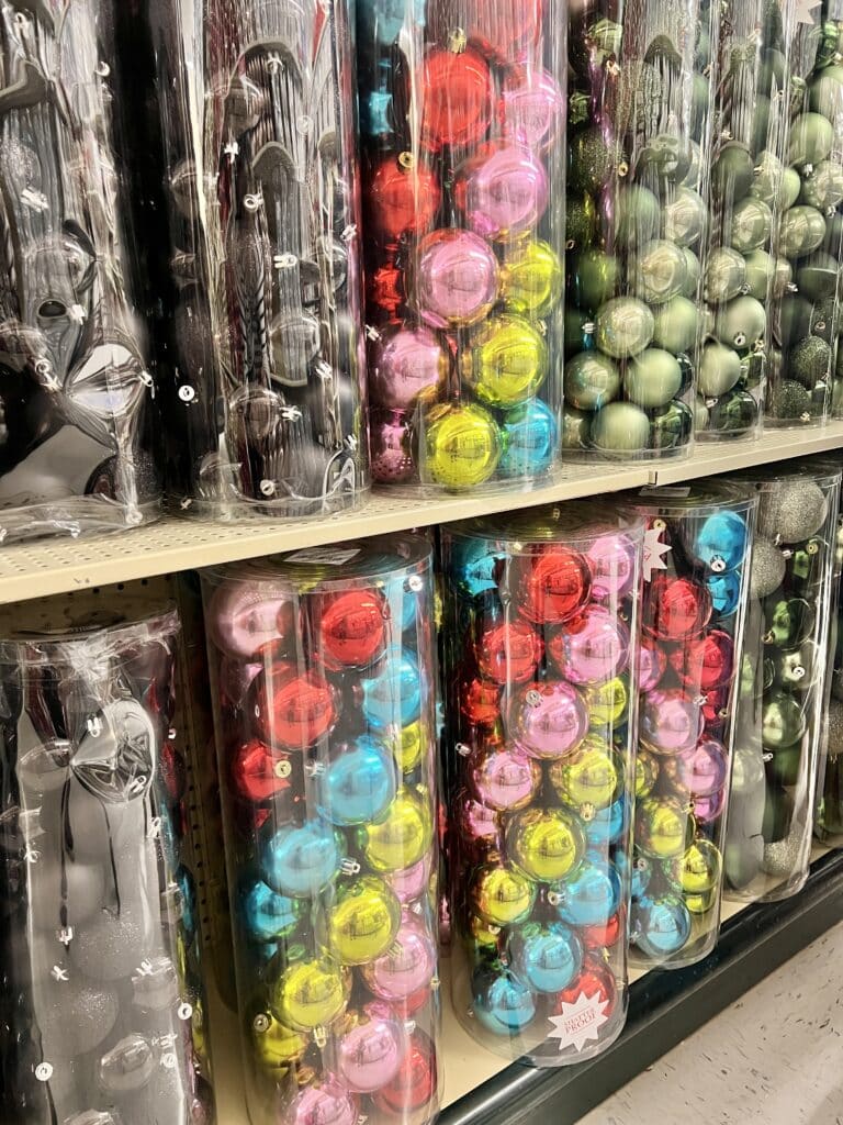 Rows of ornaments for sale at a store.