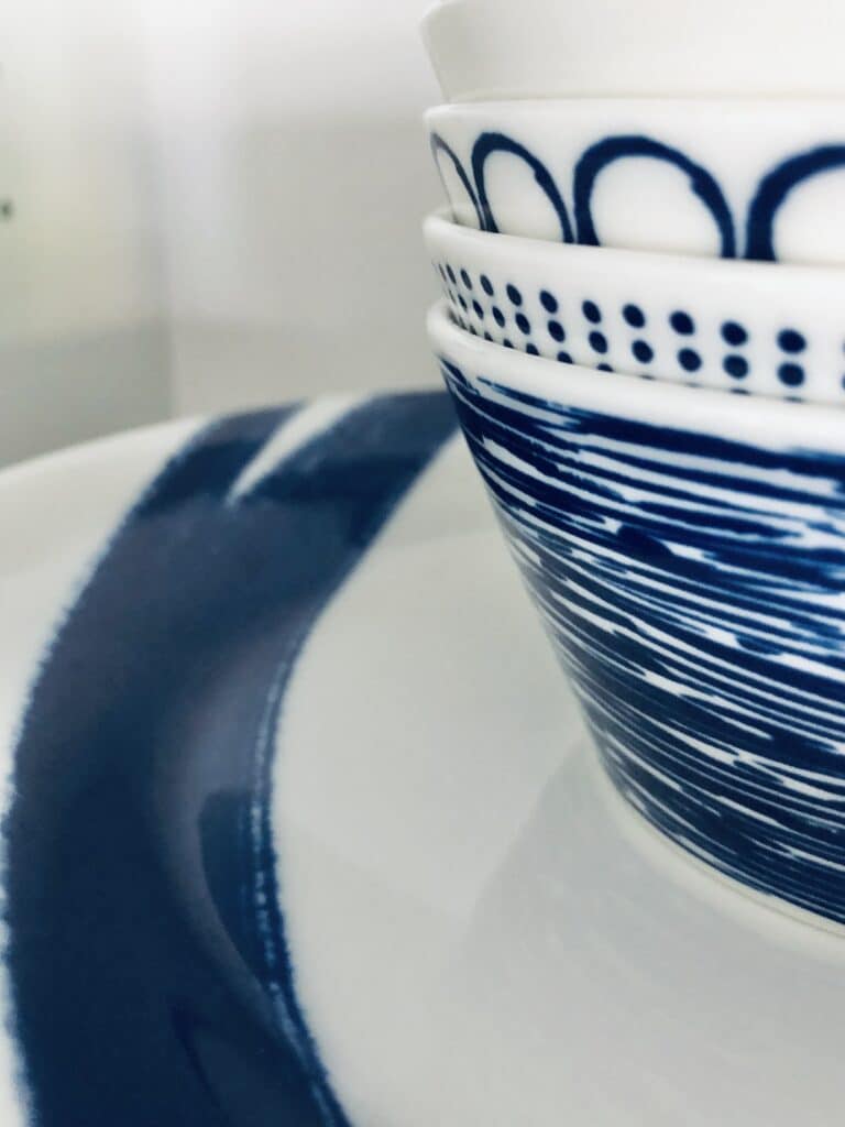 Blue and white dishes.