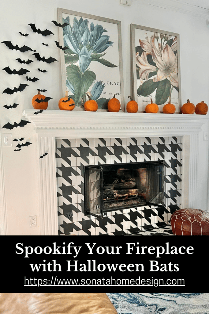 Plastic bats attached to a fireplace for Halloween decor.