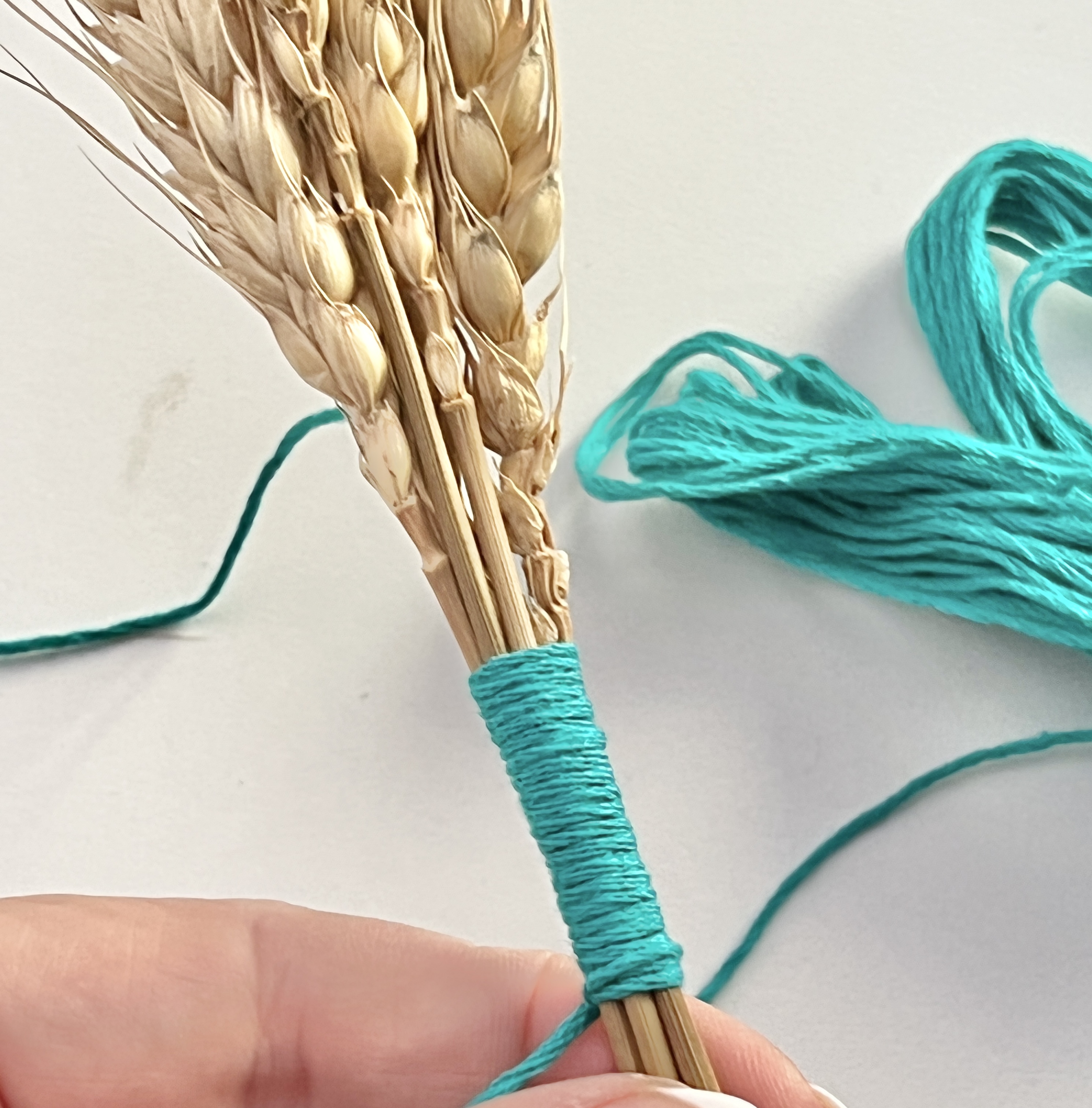 Wrapping the thread around the wheat bundle to the length of an inch.