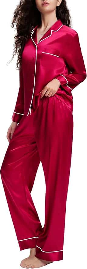 A woman wearing red satin pajamas.