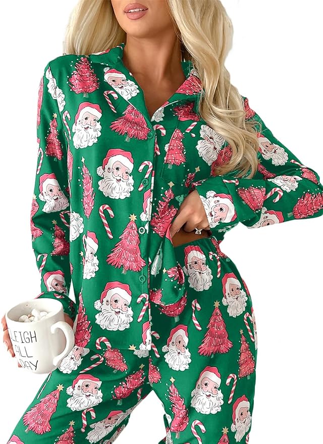 A woman wearing Christmas pajamas with a retro Santa print.