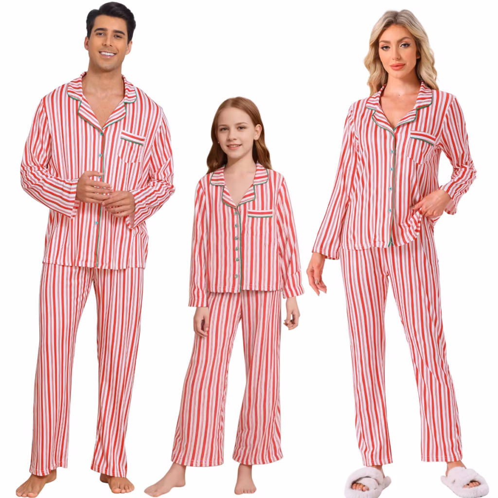 Three people wearing red and white striped Christmas pajamas.