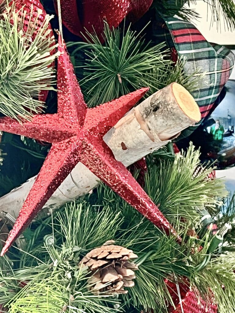 A star ornament in front of a birch log.