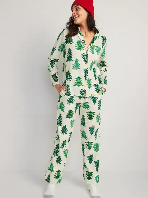 Christmas pajamas with  green tree pattern.
