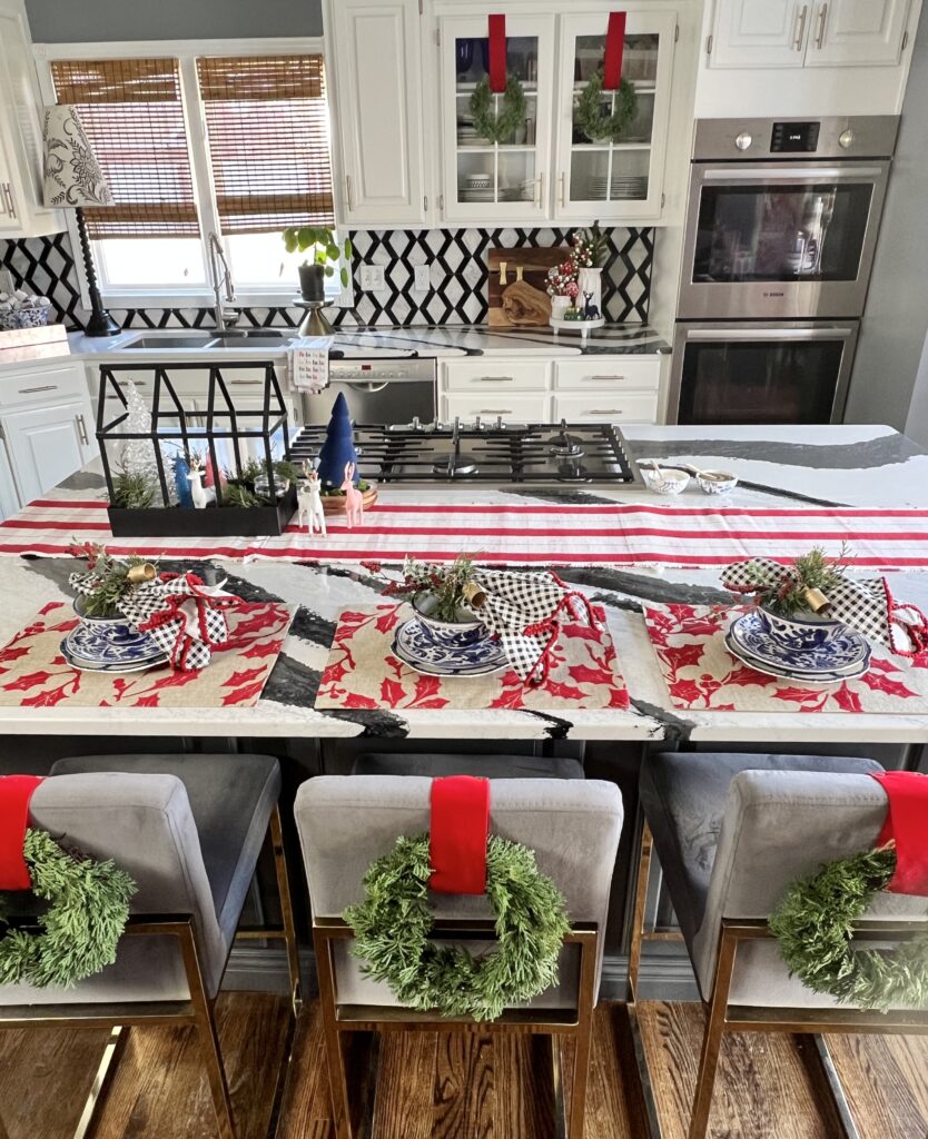The kitchen decorated for Christmas