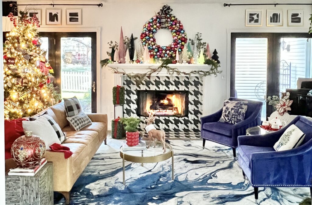 The living room is the most colorful room on this Christmas home tour.