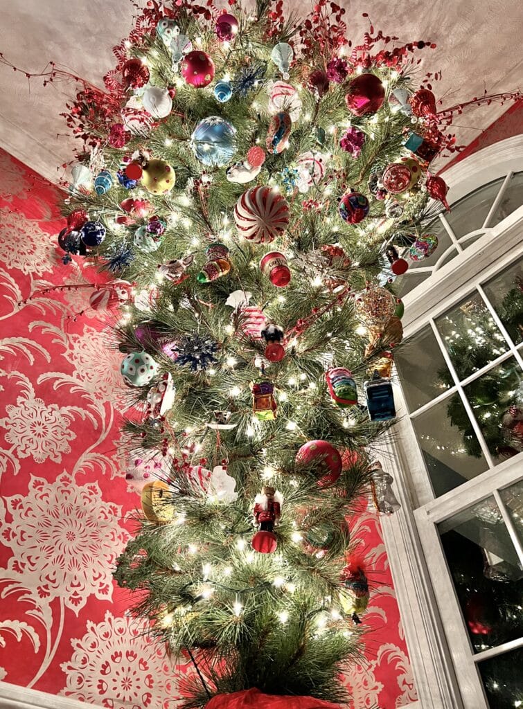 A decorate upside down Christmas tree.